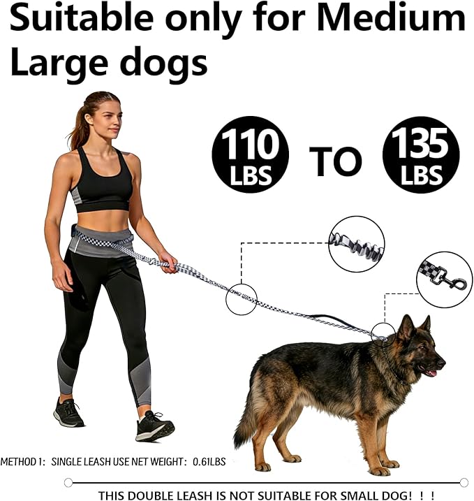 Roses&Poetry Hands Free Double Dog Leash for Two Dogs, 9-11ft Adjustable Bungee Walking Waist Lead, Dual Dog Leash with Tangle-Free Swivel for Medium Large Dogs Heavy Duty Running(Blackwhite)