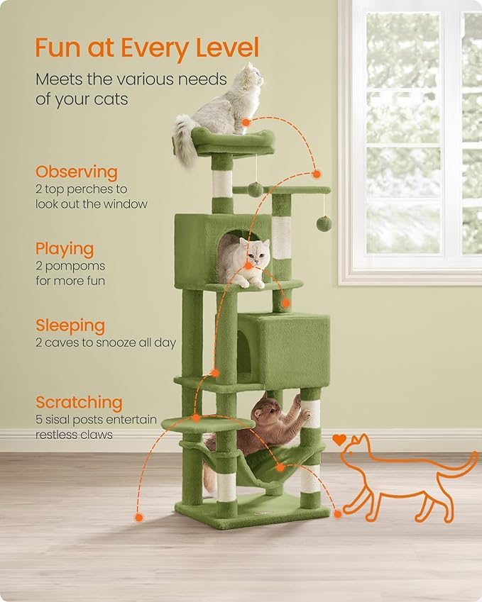 Feandrea Cat Tree, 59.5-Inch Tall Cat Tower, Plush Multi-Level Condo with 5 Scratching Posts, 2 Perches, 2 Caves, Hammock, 2 Pompoms, Grass Green UPCT192C02