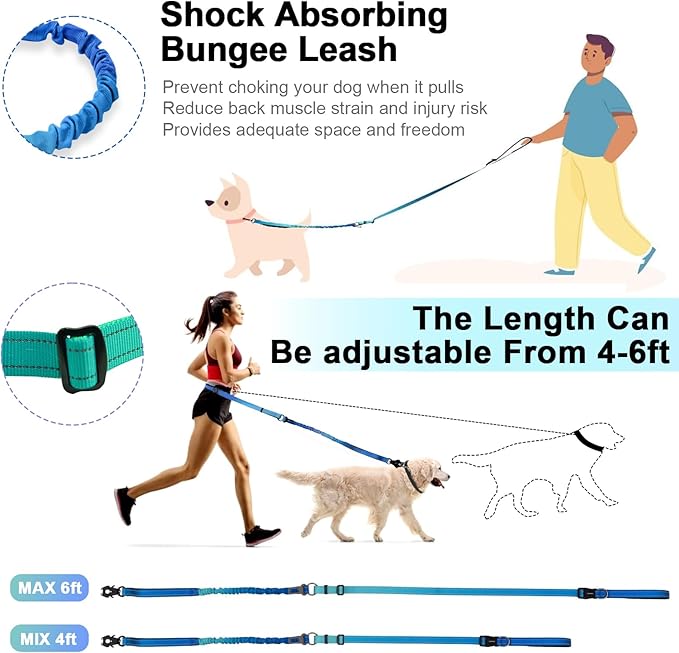 Heavy Duty Hands Free Dog Leash with Quick Release Carabiner and Adjustable No Pull Bungee Dog Running Waist Leash，for Walking and Training with Car Seat Belt 4-6FT (Aquamarine)