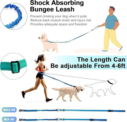 Heavy Duty Hands Free Dog Leash with Quick Release Carabiner and Adjustable No Pull Bungee Dog Running Waist Leash，for Walking and Training with Car Seat Belt 4-6FT (Aquamarine)