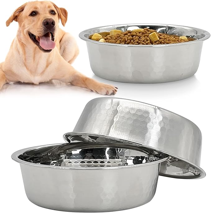 Fhiny 3 Pack Hammered Stainless Steel Dog Bowls, 8 Cups/64 Oz Premium Metal Puppy Feeder Bowl Set for Raised Feeding Station Basic Kitten Food & Water Dishes for Small & Medium Pets Dishwasher Safe