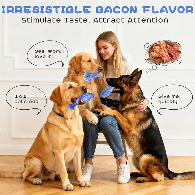 WinTour Indestructible Dog Toys for Aggressive Chewers 3 Pack, Tough Dog Toys for Medium and Large Dogs, Durable Dog Chew Toys for Aggressive Chewers to Keep Them Busy, Bacon Flavor, Blue