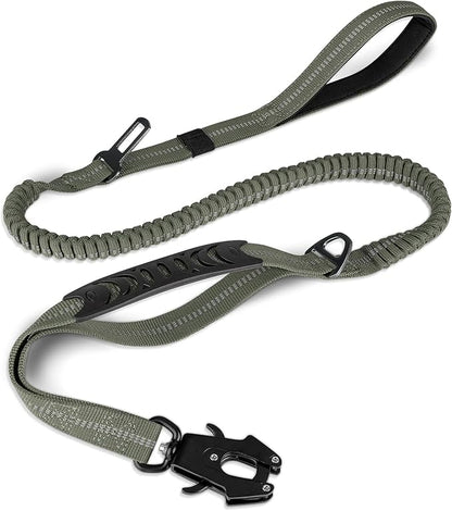 Joytale Tactical Dog Leash Heavy Duty, 4-6FT Shock Absorbing Bungee Lead with 2 Padded Handle, Metal Carabiner Clip, Car Seatbelt, Strong No Pull Leash for Medium Large X-Large Dogs, Army Green