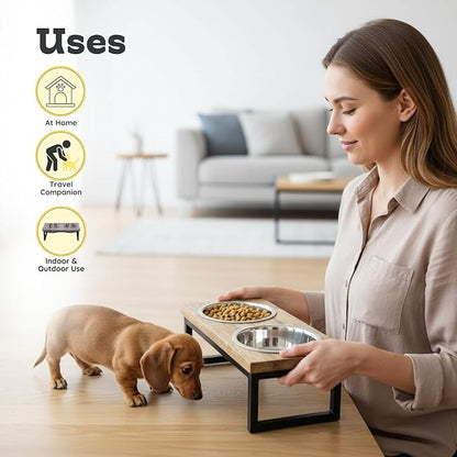 Elevated Dog Bowls, 4.5” Small Dogs/Cats Only Raised Bowl Mango Wood Stand, Food & Water 2 Stainless Steel Dishes Each 32oz/4Cup Capacity, Non-Slip Pet Feeder Station in Brown, toy Breeds