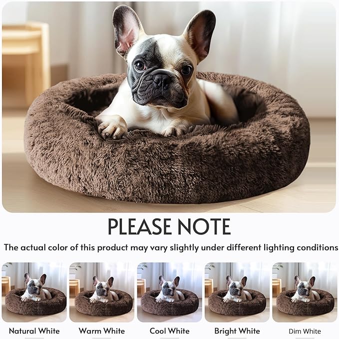 JOLLYVOGUE Calming Dog Beds Large Sized Dog, 36in Donut Washable Large Pet Bed, Anti-Slip & Anti-Anxiety Fluffy Faux Fur Round Dogs Bed, Fits up to 80 lbs Pets (Coffee)