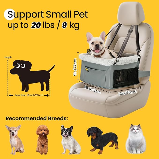 Conlun Dog Car Seat Booster for Small Pet Under 20lbs, Portable Travel Puppy Car Seat with Internal Steel Frame, Comfort Cushion & Storage Pockets, Adjustable Straps Fit Most Cars, Grey