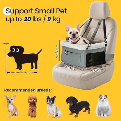 Conlun Dog Car Seat Booster for Small Pet Under 20lbs, Portable Travel Puppy Car Seat with Internal Steel Frame, Comfort Cushion & Storage Pockets, Adjustable Straps Fit Most Cars, Grey