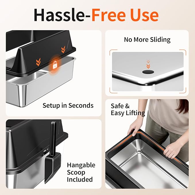 2 Pack XL Stainless Steel Litter Box with High Sides Shield for Multi Cat, Extra Large Tall Wall Open Top Deep Metal Pan for Big Cats, Anti-Leak Non-Stick Odor Control, 2 Scoops Included, Black