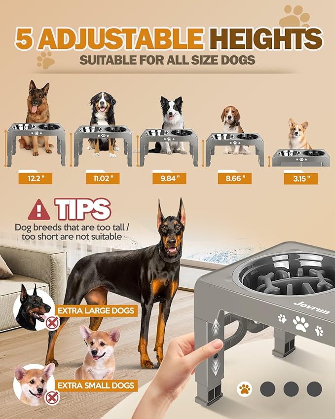 Elevated Dog Bowls for Medium Large Size Dogs, Non-Slip Dog Feeder with 1*Stainless Steel Dishes & 1*Slow Feeder Bowl, 5 Heights Adjustable Raised Bowls to 3.15″-8.66″-9.84″-11.02″-12.2″