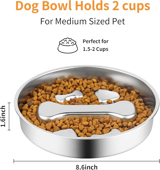 Slow Feeder Dog Bowl - 2 Cups Stainless Steel Dog Slow Feeder Food Bowl, Metal Non-Slip Lick Plate,Puppy or Cat Food Holder,Pet Supplies,Puzzle Maze Dish for Medium Sized Breeds