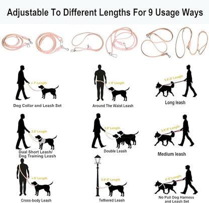 Hands Free Dog Leash Crossbody & Waist for Walking, 9-in-1 No Pull Dog Harness & Leash Set, Waterproof Training Slip Lead for Small Medium Breeds (8-20lbs, Blush)