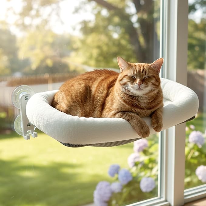 Cordless Cat Window Perch, Foldable Cat Window Hammock, 4 Strong Suction Cups, Solid Metal Frame, Patented Hook Design, Cushion White, L