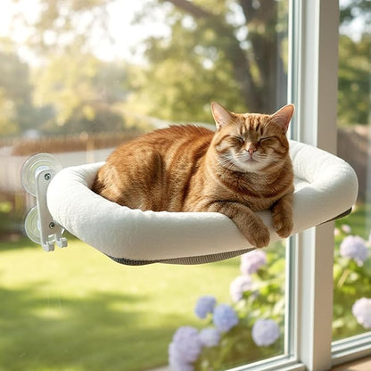 Cordless Cat Window Perch, Foldable Cat Window Hammock, 4 Strong Suction Cups, Solid Metal Frame, Patented Hook Design, Cushion White, L