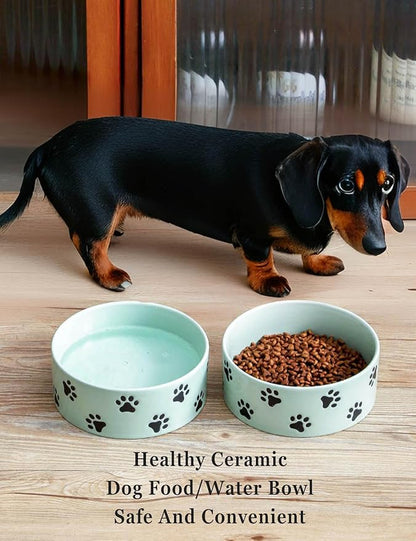 6.5 Inch Green Ceramic Dog Bowl with Paw Print Pattern - Porcelain Wide Mouth Dog Food or Water Bowls, Large Feeding Pet Bowls for Indoor Medium Sized Dogs, for Wet or Dry Food