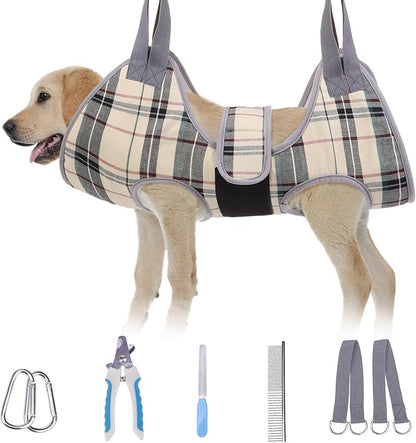 BEAUTYZOO Dog Grooming Hammock for Medium/Large Dogs- Dog Sling for Nail Trimming/Clipping- Dog Grooming Harness with Thick Fabric Neck Support & Strap Restraint Claw Care, Beige M