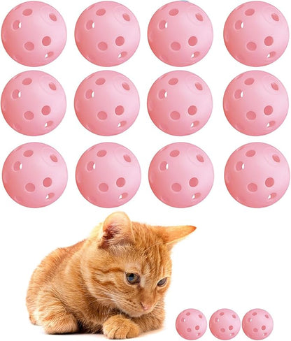 12Pcs Cat Ball Toy, Low Noise No Bells Holey Plastic Cat Balls, Funny Interactive Cats Toys for Indoor Cats, Firm Toy Balls for Kitten Puppy Ferret Bird (1.65", Pink)