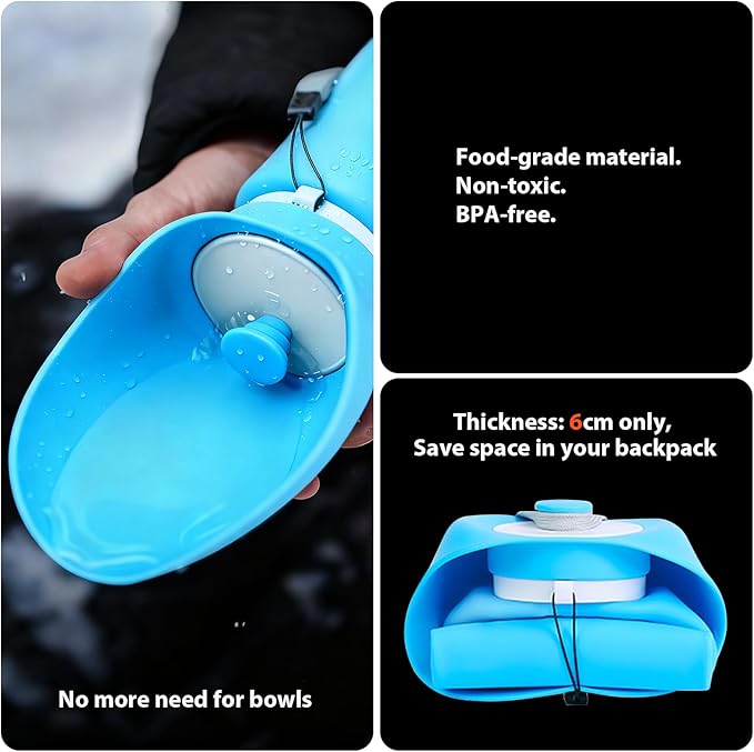 Jalopink Portable Dog Water Bottle, 2-in-1 Leak Proof & Collapsible Silicone Pet Dispenser with Built-in Bowl, Food Grade Travel Cup for Walking, Hiking (19oz/550ml, Blue)