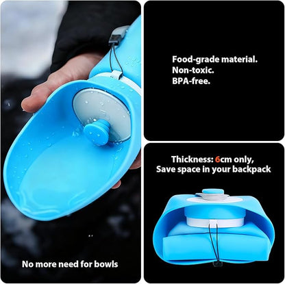 Jalopink Portable Dog Water Bottle, 2-in-1 Leak Proof & Collapsible Silicone Pet Dispenser with Built-in Bowl, Food Grade Travel Cup for Walking, Hiking (19oz/550ml, Blue)