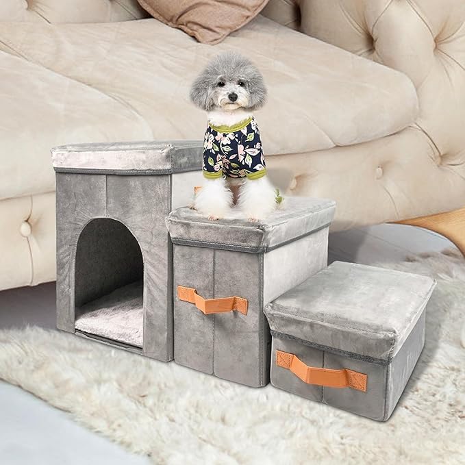 Dayard Dog Stairs with Storage, Foldable Dog Steps for Sofa High Beds, Portable Pet Storage Stepper for Small Pets Dogs Cats, 3 Steps Grey