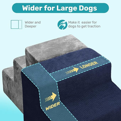 Dog Stairs for Bed, Extra Wide 4-Step Dog Steps for High Bed, High-Density Foam Pet Stairs with Non-Slip Removable Washable Cover for Small Pets, 18" H, Navy