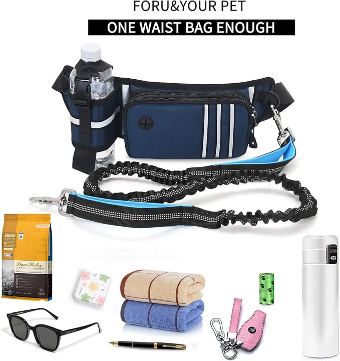Hands Free Dog Leash with Waist Bag for Medium to Large Dogs, Dual-Handle Reflective Bungee Leash with Poop Bag Dispenser Pouch, Adjustable Waist Belt for Night Walking Jogging Hiking