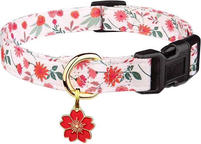 Cotton Handmade Dog Collar Cute and Distinctive Patterns Red and White Flower with Pendant for Girl Boy Dogs Collars L
