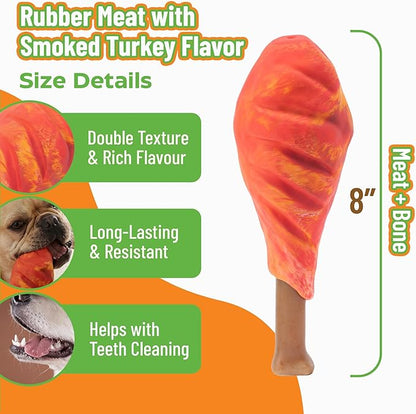 Smoked Turkey Leg Dog Chew Toy, Natural Rubber and Nylon, Medium, with Squeaker, for Dental Hygiene