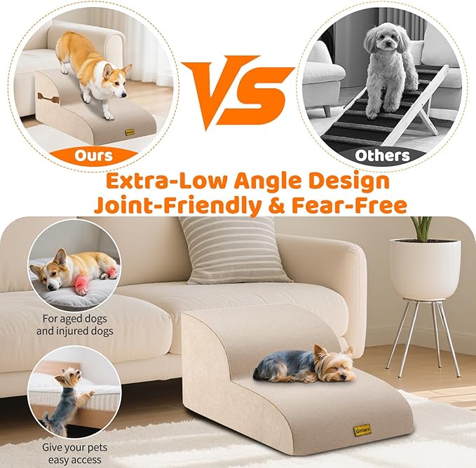 Gimars Extra Wide Sturdy 30D High Density Foam 2-Step Dog Stairs for Sofa, Pet Stair for Small Medium Dog Beige