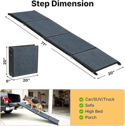 Veehoo Dog Ramp for Car Truck SUV 71" Long 20" Extra Wide, Foldable Dog Ramp with Non Slip Rug Surface for Large Dogs, Portable Folding Outdoor Pet Stairs for Dogs to Get in Car, Support up to 220lbs