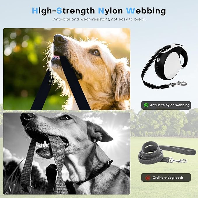 Retractable dog leash with chew-proof cord and LED flashlight, 16-ft heavy-duty dog leash, suitable for Small/medium dogs weighing up to 110 pounds, reflective rope, 360° anti-tangling(White+16ft+LED)