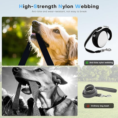 Retractable dog leash with chew-proof cord and LED flashlight, 16-ft heavy-duty dog leash, suitable for Small/medium dogs weighing up to 110 pounds, reflective rope, 360° anti-tangling(White+16ft+LED)