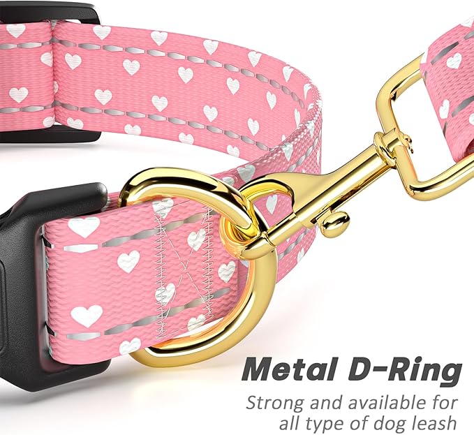 Reflective Dog Collar for Medium Dogs, Cute Adjustable Heavy-Duty Nylon Puppy Collars for Boy and Girl Female, Soft Pet Accessories with Quick Release Buckle, Neck 14-20", Pink Hearts