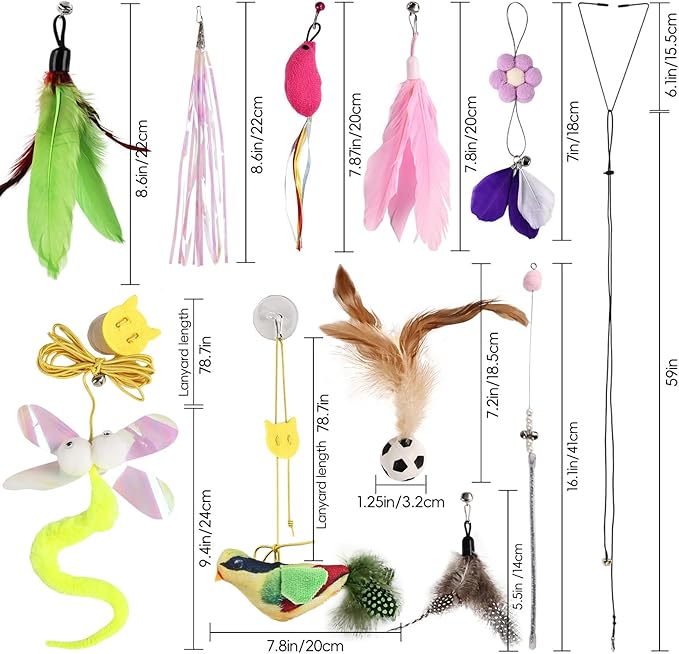4-in-1 Interactive Cat Toy Wand, Bird Chirping Sound Cat Teaser with Bouncy Ball and Feather Attachments, 2 Play Modes for Bored Indoor Adult Cats Self Play Exercise