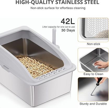 23.6"x15.7"x13.78" Stainless Steel Sifting Litter Box with Lid, XL Sifting Design for Pine Pellets, High Sides Metal Litter Box for Big Cats 7.9in Deep, Easy-to-Clean, Non-Stick