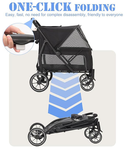 Large Dogs Stroller for Multiple Pets up to 90lbs, Ultra-Breathable Pet Stroller for Medium 2 Dogs，All-Terrain with& Mesh Dual-Window，1680D Waterproof Oxford Fiber (Black)