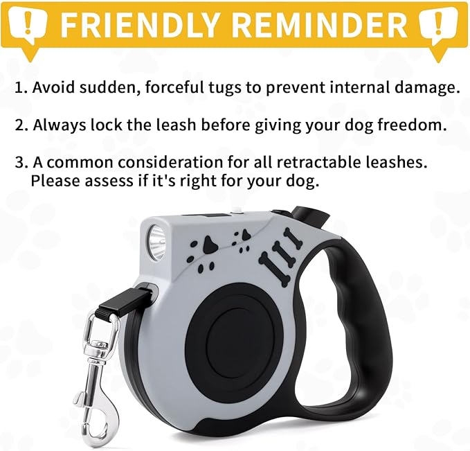 16FT Retractable Dog Leash with LED Flashlight for Night Walking, USB Rechargeable Hands-Free Leash for Small Medium Dogs, Automatic Locking & Extending, Grey
