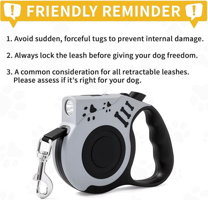 Retractable Dog Leash with USB Rechargeable Flashlight for Night Walks, 16FT Automatic Telescopic Tractor Dog Leash for Small and Medium Dogs, Grey