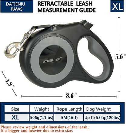 Retractable Dog Leash Strong Nylon Tape 16Ft Reflective Stitch for Night Walking One-Handed Brake Anti-Slip Handle XL Black