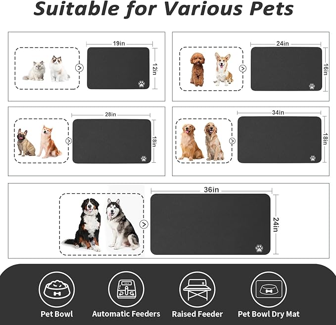 Dog Food Mat - Absorbent Cat Mat for Food and Water, No Stains Pet Feeding Bowl Mat, Easy to Clean Pet Placemats, Quick Dry Dog Water Dispenser Mat for Messy Drinkers | Paw Black 18"x 28"