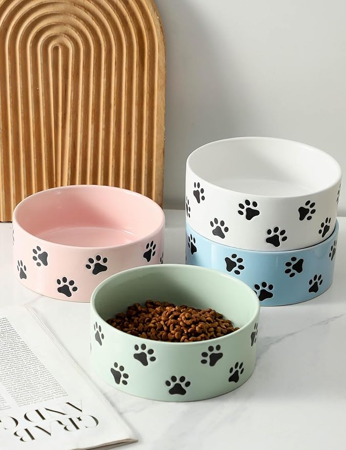 6.5 Inch Green Ceramic Dog Bowl with Paw Print Pattern - Porcelain Wide Mouth Dog Food or Water Bowls, Large Feeding Pet Bowls for Indoor Medium Sized Dogs, for Wet or Dry Food