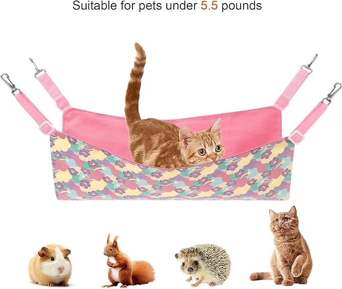 Petmolico Cat Hanging Hammock Bed, Pet Cage Hammock Adjustable Strap and Reversible Double-Sided Hammock for Cats/Kitten/Puppy/Small Dogs/Other Small Animals, Pink Bear, Small