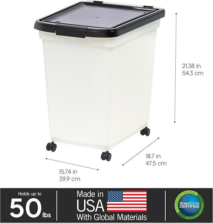 IRIS USA Dog Food Storage Container 50 lbs, with Removable Rolling Wheels, for Dog Cat Bird and Other Pets, Food Storage Bin, Keep Fresh, Made in USA, Pearl/Black