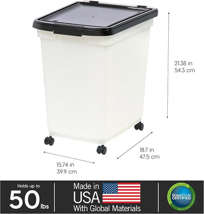 IRIS USA Dog Food Storage Container 50 lbs, with Removable Rolling Wheels, for Dog Cat Bird and Other Pets, Food Storage Bin, Keep Fresh, Made in USA, Pearl/Black