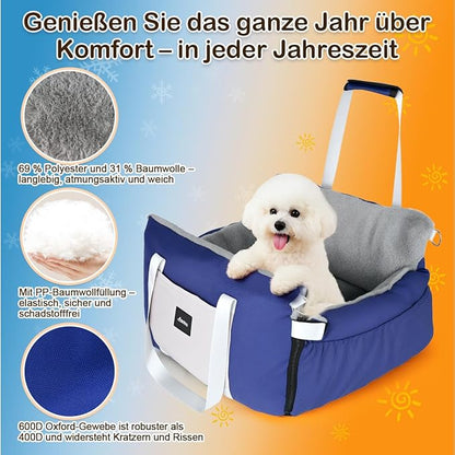 SIVES Dog Car Seat for Small Dogs, Soft Booster Seat Travel Bed with Side Flaps, Non-Slip Base, Seat Belt Straps + Safety Tether, Storage Pocket, Washable Cushion, Recommended Up to 33 lbs, Blue