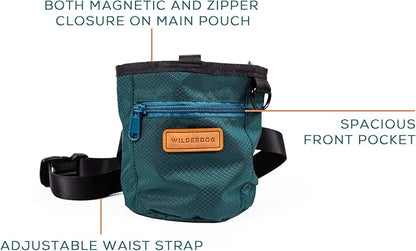 Wilderdog Dog Training Treat Pouch with Magnetic and Zipper Closure, Carabiner Attached, Adjustable Waist Strap - Green