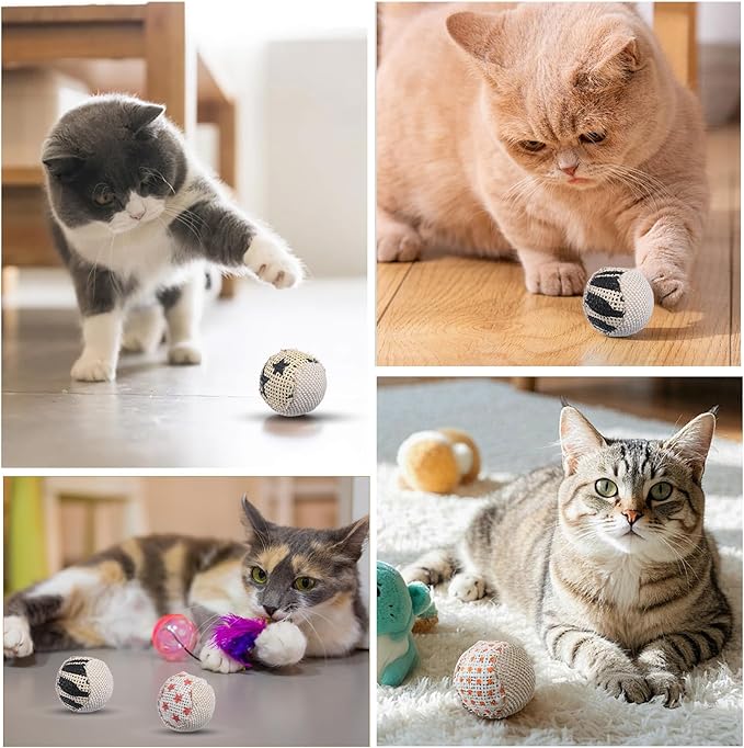 4 Pcs Cat Balls Toys for Indoor Cats, Handmade Sisal Kitten Toys Ball Interactive Canvas Cat Ball Toy Cute Cats Pom Pom Balls for Indoor Kitten Puppy Stuffed Pets Interaction Playing