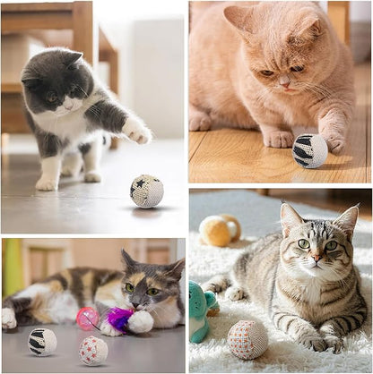 4 Pcs Cat Balls Toys for Indoor Cats, Handmade Sisal Kitten Toys Ball Interactive Canvas Cat Ball Toy Cute Cats Pom Pom Balls for Indoor Kitten Puppy Stuffed Pets Interaction Playing