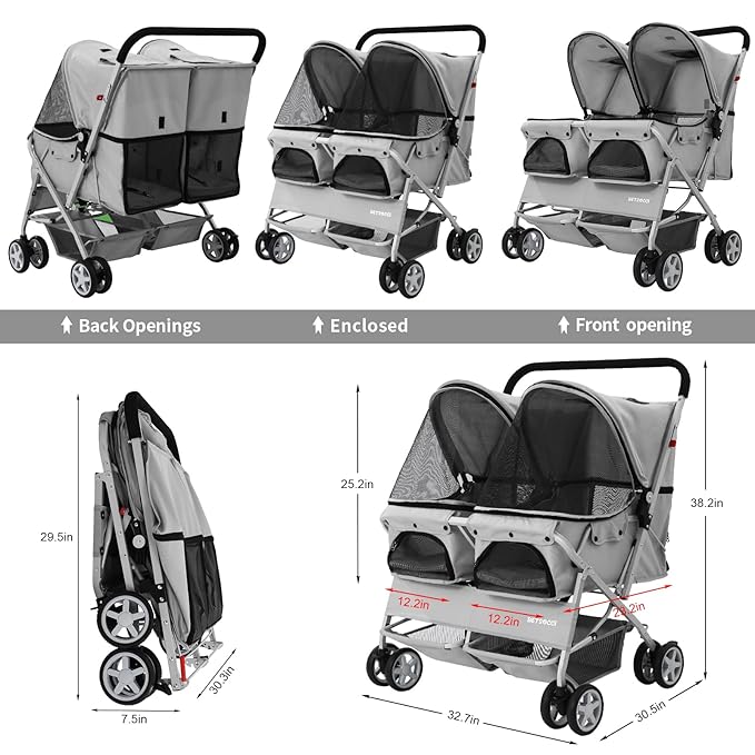 Double Pet Stroller for 2 Small Dogs & Cats, Side-by-Side Twin Travel Carriage with Safety Leashes, Mesh Windows & Double Storage Baskets, Lightweight & Foldable, 44lbs Capacity, Gray