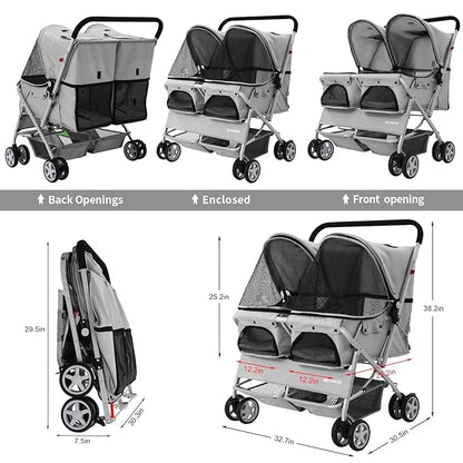 Double Pet Stroller for 2 Small Dogs & Cats, Side-by-Side Twin Travel Carriage with Safety Leashes, Mesh Windows & Double Storage Baskets, Lightweight & Foldable, 44lbs Capacity, Gray