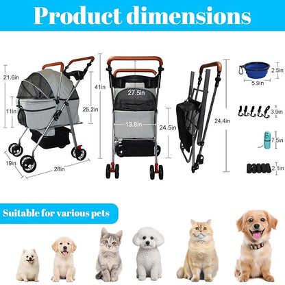 Pet Stroller 5 in 1 Foldable Pet Travel Carrier Absorption System, Dog Stroller for Medium Dogs 20 lbs Detachable Carrier Suitable for Car Seat & Hand Carry Dog Strollers for Small Dogs(Grey)
